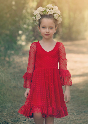 Long Bell Sleeves Red Heart Print Lace Cute Flower Girl Dress